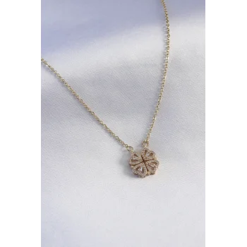 316L Çelik Gold Renk Açılır Zirkon Taşlı Yonca Model Kadın Kolye