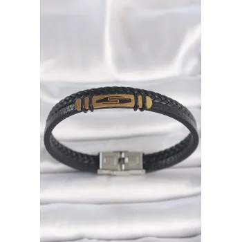 316L Çelik Gold Renk Aksesuarlı Çift Sıra Siyah Burgu Desenli Deri Kordon Erkek Bileklik