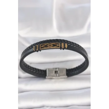 316L Çelik Gold Renk Aksesuarlı Çift Sıra Siyah Burgu Desenli Deri Kordon Erkek Bileklik