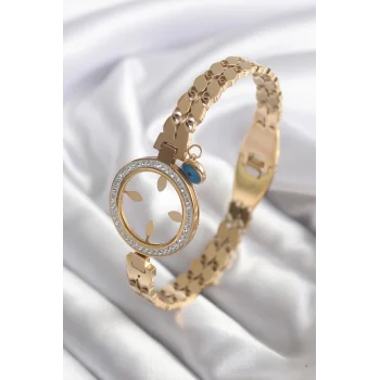 316L Çelik Gold Renk Arpa Model Zirkon Taş Detay  Takılabilir Kadın Kelepçe