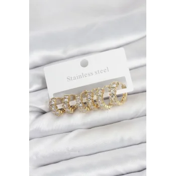 316L Çelik Gold Renk Baget Zirkon Taşlı Halka Küpe Seti