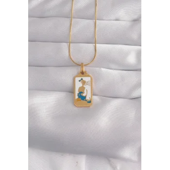 316L Çelik Gold Renk Beyaz Mineli Kız Figür Tarot Kolye