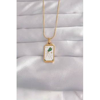 316L Çelik Gold Renk Beyaz Mineli Tarot Kolye