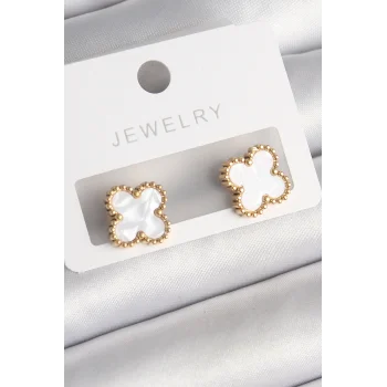 316L Çelik Gold Renk Beyaz Minelik Yonca Model Kadın Küpe