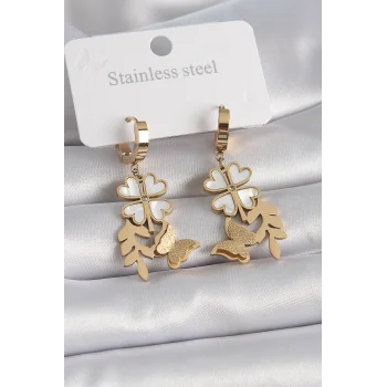 316L Çelik Gold Renk Beyaz Sedefli Yonca Simli Kelebek Figür Kadın Küpe