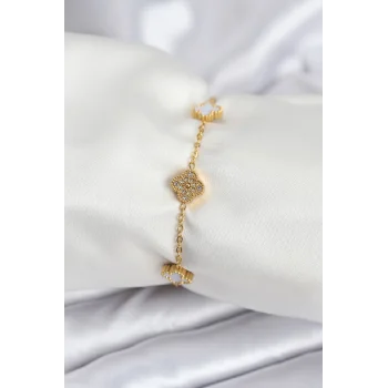 316L Çelik Gold Renk Beyaz ve Zirkon Taşlı Baby Boy Yonca Kadın Bileklik