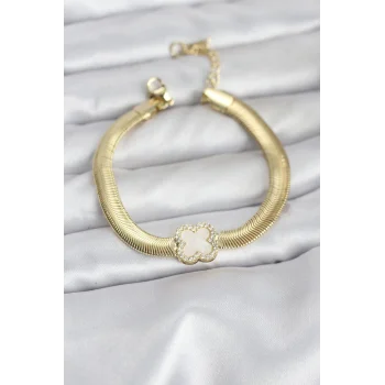 316L Çelik Gold Renk Beyaz Yonca Model Zirkon Taşlı Yılan Zincirli Kadın Bileklik
