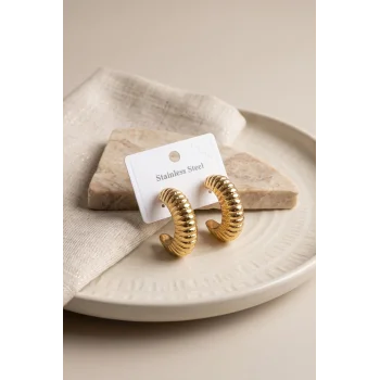 316L Çelik Gold Renk Bombeli Kroasan Model Küpe