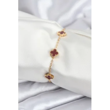 316L Çelik Gold Renk Bordo Baby Boy Yonca Kadın Bileklik