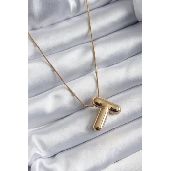 316L Çelik Gold Renk Bubble T Harf Model Kadın Kolye