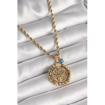 316L Çelik Gold Renk Burgu Zincir Dorika Yaşam Ağacı Figür Nazar Boncuk Detay Kadın Kolye