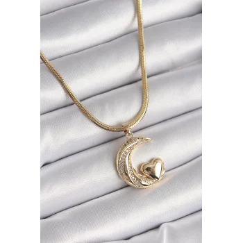 316L Çelik Gold Renk Çelik İtalyan Zincir Zirkon Taşlı Halil Figür Kalp Detay Kadın Kolye