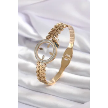 316L Çelik Gold Renk  Takılabilen Zirkon Taş Detay Kadın Kelepçe