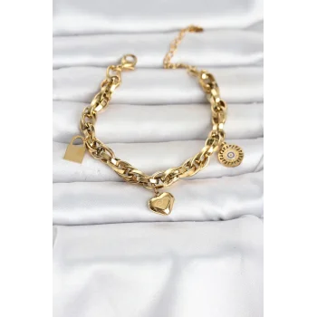 316L Çelik Gold Renk Charmlı Kalın Burgu Model Kadın Bileklik