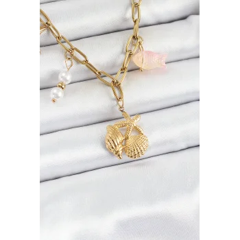 316L Çelik Gold Renk Deniz Yıldızı ve Deniz Kabuğu Konsept Kadın Kolye