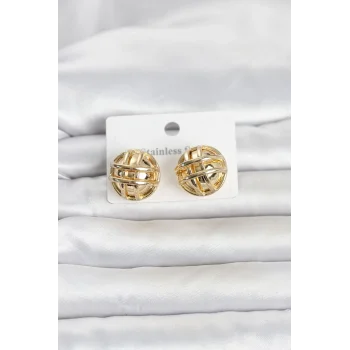 316L Çelik Gold Renk Desenli Top Model Kadın Küpe