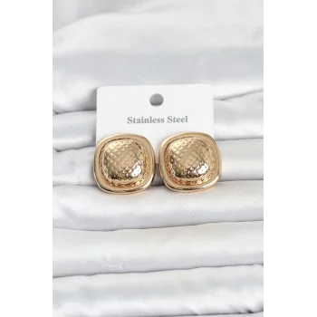 316L Çelik Gold Renk Düğme Model Kadın Küpe