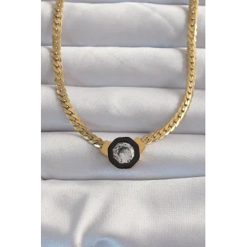 316L Çelik Gold Renk Ezme Zincir Zirkon Taşlı Mineli Serenay Kolyesi