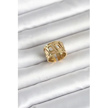 316L Çelik Gold Renk Geometrik Model Kadın Yüzük