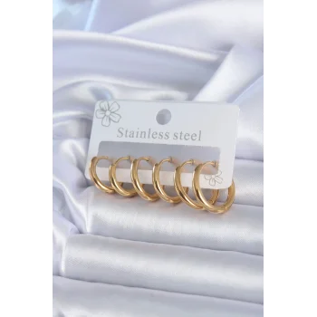 316L Çelik Gold Renk Halka Model Kadın Küpe Seti