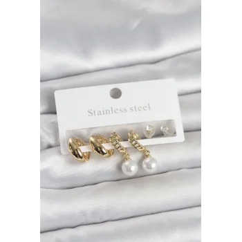 316L Çelik Gold Renk inci Halka Detaylı Kadın Küpe Seti