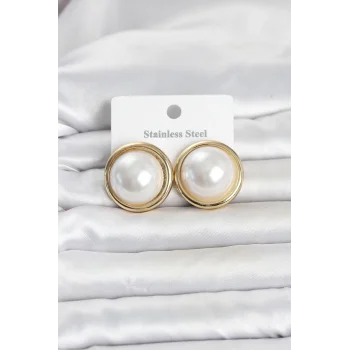 316L Çelik Gold Renk İnci Model Vintage Kadın Küpe