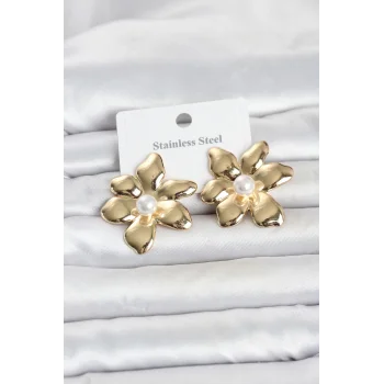 316L Çelik Gold Renk İncili Lotus Model Kadın Küpe
