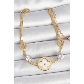 316L Çelik Gold Renk İtalyan Zincir Beyaz Mineli Yonca Model Zirkon Taş Detaylı Kadın Bileklik
