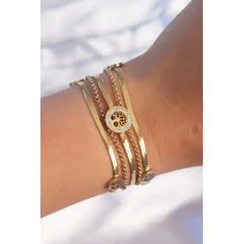 316L Çelik Gold Renk İtalyan Zincir Detaylı Zirkon Taşlı Yaşam Ağacı Tasarımlı Çoklu Bileklik