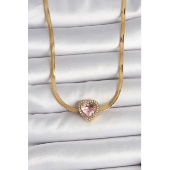 316L Çelik Gold Renk İtalyan Zincir Pembe Zirkon Taşlı Kalp Model Kadın Kolye