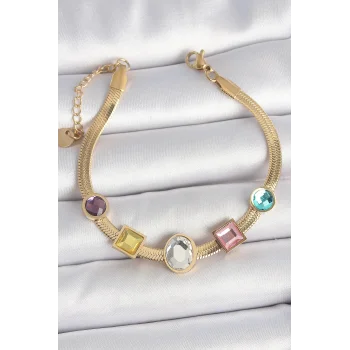 316L Çelik Gold Renk İtalyan Zincir Renkli Zirkon Taşlı Kadın Bileklik