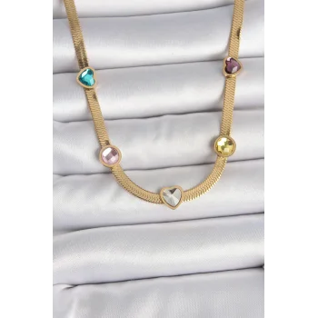 316L Çelik Gold Renk İtalyan Zincir Renkli Zirkon Taşlı Kalp Figür Kadın Kolye
