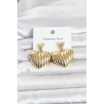 316L Çelik Gold Renk Kalp Model Kadın Küpe