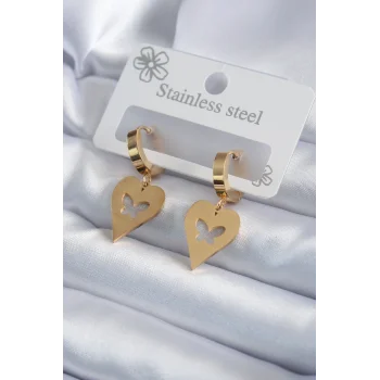 316L Çelik Gold Renk Kalp Model Kelebek İşleme Kadın Küpe