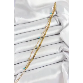316L Çelik Gold Renk Karışık Renkli Kristal Taşlı 2li Kadın Bileklik