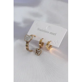 316L Çelik Gold Renk Kelebek Model Zirkon Taş Detay Kadın Küpe Kombini