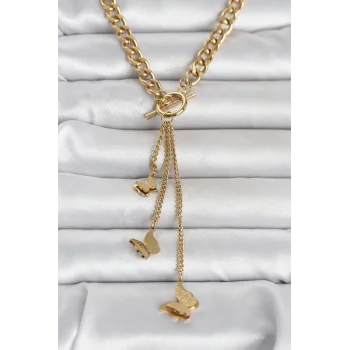 316L Çelik Gold Renk Kelebek Sallantılı Kadın Kolye