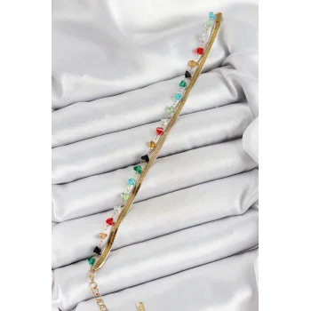 316L Çelik Gold Renk Kristal Karışık Renkli Taşlı 2li Kadın Bileklik