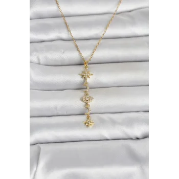 316L Çelik Gold Renk Kutup Yıldızı Y Model Zirkon Taşlı Kadın Kolye