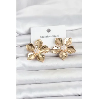 316L Çelik Gold Renk Lotus Çiçek Model Kadın Küpe