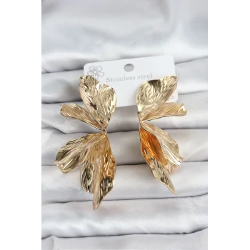 316L Çelik Gold Renk Lotus Yaprak Kadın Küpe