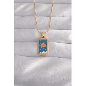 316L Çelik Gold Renk Mavi Mineli Güneş Model Tarot Kolye