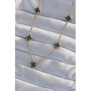 316L Çelik Gold Renk Minimal Yeşil Mineli Yonca Kolye