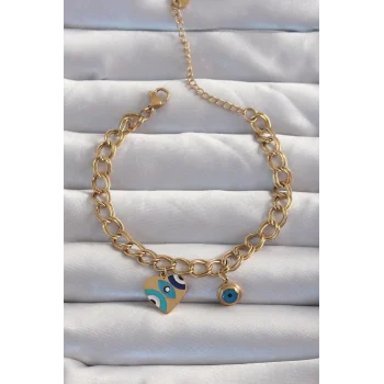 316L Çelik Gold Renk Nazarlı Kalp Model Zincir Bileklik