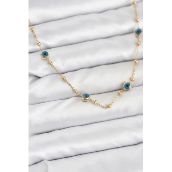 316L Çelik Gold Renk Nazarlı ve Topçuklu Model Kadın Kolye