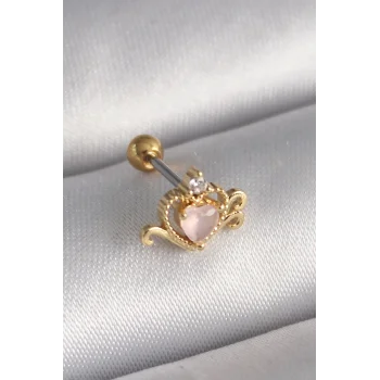 316L Çelik Gold Renk Pembe Mineli Kalp Zirkon Taş Detay Tragus Piercing