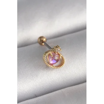 316L Çelik Gold Renk Pembe Mineli Kalp Zirkon Taş Detay Tragus Piercing