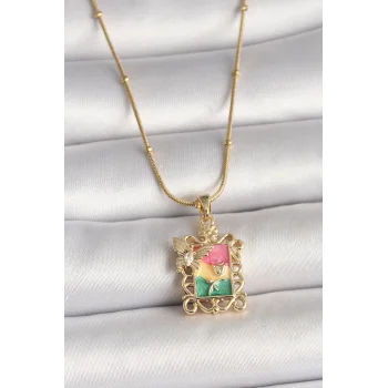 316L Çelik Gold Renk Renkli Zirkon Taşlı Kelebek İşlemeli Portre Model Kadın Kolye