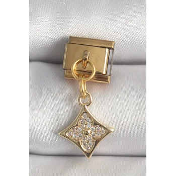 316L Çelik Gold Renk Sallantı Zirkon Taşlı Çiçek İşlemeli Nomination Charm
