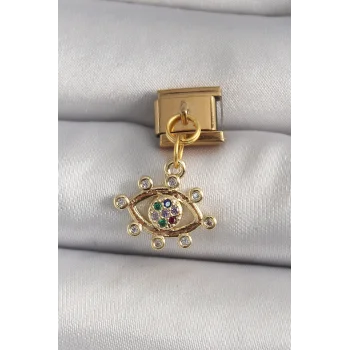 316L Çelik Gold Renk Sallantı Zirkon Taşlı Göz Model Nomination Charm
